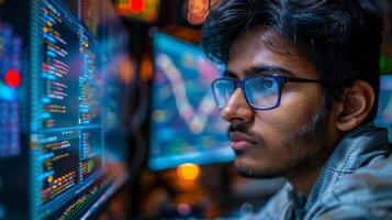 Focused individual is programming at a tech workspace, surrounded by multiple screens displaying lines of code and data analysis, working late into the night to develop software solutions. photo