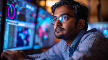 A software developer engages in deep concentration as he analyzes complex data displayed on multiple monitors in an advanced workspace, illuminated by soft ambient lighting. photo