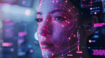 Close up of a woman's face displaying a digital overlay of facial recognition technology. Bright colors and data visuals illustrate the interaction between human features and advanced computing. photo