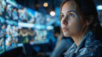 In a dimly lit control room, a young woman intently observes various screens filled with complex data. Her concentration highlights the importance of her task in this advanced environment. photo