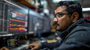 An individual is intently analyzing data on multiple monitors in a busy technology workspace during the late hours, showcasing dedication and concentration on the task. photo