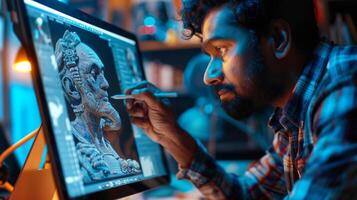 An artist focused on a vibrant workspace is using a stylus to meticulously design a detailed 3D humanoid character on a computer monitor. The atmosphere is illuminated with various lights. photo