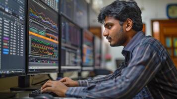 A man focuses intently on stock market graphs and data presented on several computer monitors while working in a contemporary office environment at dusk photo