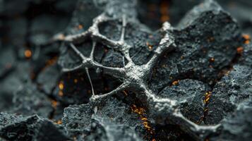 A delicate silver structure is positioned atop textured black coal, surrounded by glowing embers. The contrast highlights the intricate details and materials involved in this captivating arrangement. photo