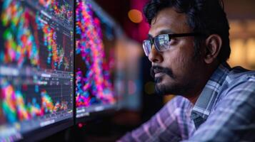 An analyst intently studies vibrant data graphs on multiple screens in a contemporary office setting, with warm lighting creating an engaging atmosphere in the evening. photo