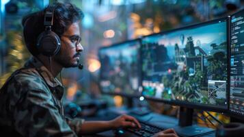 Young man in casual attire sits at a multi monitor gaming station, deeply engaged in a strategy game filled with graphics and animated landscapes, demonstrating concentrated gameplay. photo