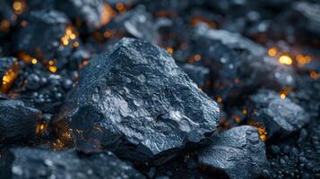 Close up view of dark rocks scattered on the ground with glowing orange embers, highlighting intricate textures and details in a dark setting at night. photo
