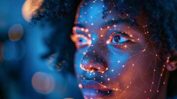 A young woman with curly hair looks thoughtfully ahead, her face illuminated by vibrant facial patterns resembling circuits, suggesting a futuristic theme in a dimly lit space. photo