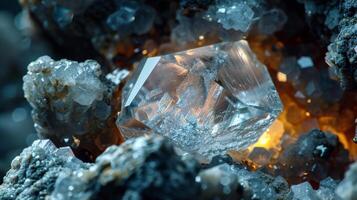 A stunning crystal gem rests among a bed of sparkling minerals, showcasing its intricate facets and brilliance in an underground environment filled with shimmering textures and colors. photo