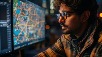 A young man wearing glasses is focused on multiple computer screens displaying detailed maps and data while working late in a contemporary office setting. photo
