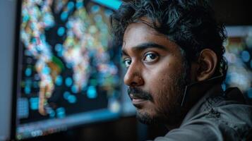An individual wearing a headset is intently analyzing data on multiple monitors filled with colorful maps and visualizations, in a dimly lit environment that enhances concentration. photo