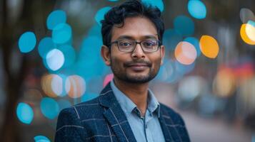 A confident man stands in front of blurred urban lights, wearing a stylish suit. He smiles gently, capturing attention with his thoughtful expression amid vibrant colors. photo