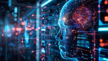 A futuristic visualization of a human shaped figure with a glowing brain, integrated in a high tech backdrop featuring digital data streams and glowing circuitry. photo