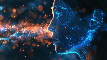 A womans profile is illustrated with glowing digital lines and particles that create an ethereal effect, representing the fusion of technology and art in a creative context. photo