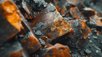 Intricate mineral deposits reveal a mix of vibrant orange and deep black hues, highlighting the complexity of geological formations in a natural setting under sunlight. photo