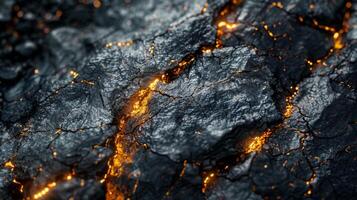 Close up view reveals intricate patterns formed by glowing lava cracks in volcanic rock, showcasing the intensity of heat during a nighttime exploration in a volcanic region. photo