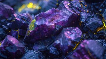 Exquisite clusters of purple and yellow fluorite crystals rest atop dark minerals, showcasing vibrant colors and intricate textures under natural light, creating a stunning visual display of geology. photo