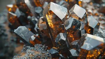 A stunning array of black and orange crystals comes together in an intricate cluster, reflecting light and revealing unique geometric patterns. photo