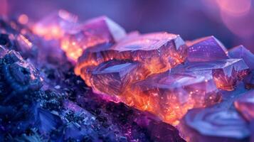 Amethyst crystals shimmer with radiant purple and orange hues, creating a mesmerizing spectacle. The setting is intimate, highlighting the natural beauty of the stones at dusk. photo