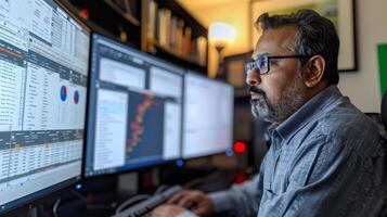 A man focuses intently on his work in a home office, with several monitors showcasing charts and code while warm light creates a productive atmosphere in the evening hours. photo