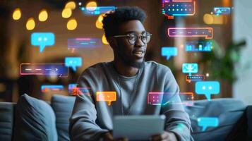 A young man sits comfortably on a couch, holding a tablet and smiling while colorful digital communication icons float around him in a warm indoor setting. photo