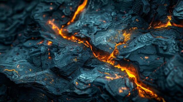 Glowing lava streams snake through the dark, rugged volcanic rock, highlighting unique textures and patterns in a mesmerizing display of nature's raw power during the evening hours. photo