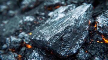 A shiny piece of charcoal is highlighted against a backdrop of glowing embers, creating a warm ambiance in a fireplace during a chilly evening setting. photo