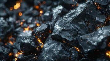 Close up view of a dark coal surface illuminated by glowing orange embers, highlighting the textures of the coal and the warm light created in a low light environment. photo