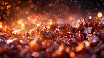 Shimmering crystals scattered across a surface capture warm tones of orange and gold, creating an enchanting visual effect in a softly illuminated environment, evoking a sense of magic. photo