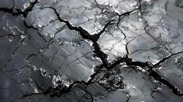 Detailed close up reveals a cracked dark surface with intricate patterns and textures illuminated by natural light, showcasing the interplay of shadows and highlights. photo