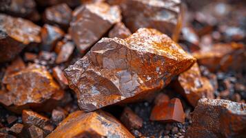 Shimmering mineral rocks with a rich orange and brown hue lie scattered on a rough ground. Sunlight emphasizes their distinct shapes and textures, highlighting natural beauty. photo