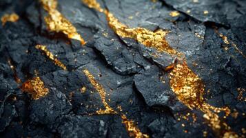 Textured rock surface displays shimmering gold like streaks against dark, rough terrain, creating a striking contrast that highlights natural beauty in a subdued light setting. photo