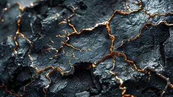 Dark, cracked surface reveals intricate patterns highlighted by golden lines, illustrating the fusion of light and shadow in a textured environment. photo