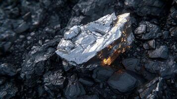 A shiny mineral rock is prominently displayed amidst dark coal pieces at a mining site. The sunlight reflects off the rock, highlighting its metallic surface. photo