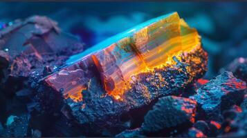 A striking mineral crystal rests on a bed of dark, rough rock, illuminated by colorful light that highlights its vibrant patterns and textures, creating a captivating visual effect. photo