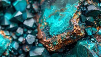 The striking turquoise mineral displays a variety of crystal shapes and sizes, intricate textures, and vivid colors illuminated by natural light in a geological context. photo