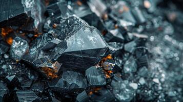 Close up view highlights the intricate details and sharp edges of black tourmaline crystals, revealing their natural beauty against a dark background, emphasizing their structure. photo