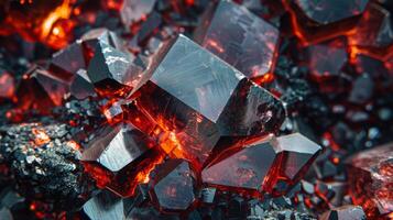 Bright red mineral crystals are clustered together, reflecting light and showcasing sharp edges in a dark geological environment filled with striking textures and colors. photo
