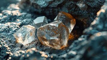 Crystals rest on a textured rocky surface, reflecting light and revealing their unique shapes. The natural environment enhances their beauty, creating a captivating display of geology. photo