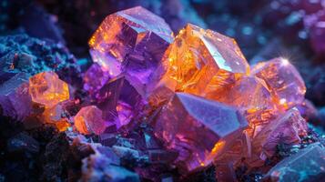 Clusters of purple and orange crystals sparkle as they rest on a rocky surface, illuminated by soft light that enhances their unique colors and complex structures, creating a stunning visual effect. photo