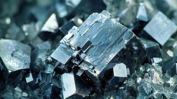 Glistening black crystals are tightly packed together, showcasing sharp edges and unique geometric formations. The cluster reflects light and draws attention to its natural beauty and complexity. photo