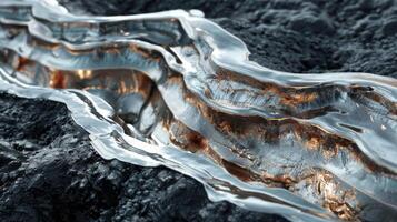A stunning visual displays a stream of fluid metal flowing through rugged rock terrain, creating a captivating and surreal contrast between materials in a dreamlike environment. photo