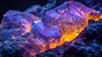 Iridescent amethyst crystals are highlighted with an orange glow, revealing detailed formations and captivating colors, set against a contrasting dark backdrop. photo