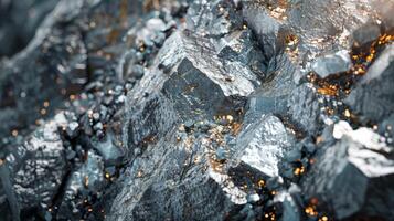 Rugged rock formation displays a mix of textured surfaces and metallic minerals reflecting sunlight, creating a sparkling effect, indicative of a natural geological feature. photo