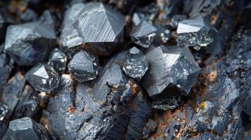 A cluster of glossy black mineral crystals displays complex shapes and reflective surfaces, resting on a textured rock background in a natural environment, showcasing various sizes and arrangements. photo