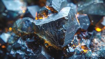 Close up of a stunning crystal formation displaying sharp edges and reflective surfaces, illuminated by bright light, revealing intricate textures and colors photo