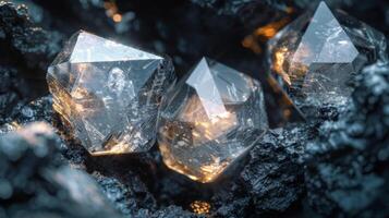 Three stunning quartz crystals, clear and sparkling, emerge from a bed of dark volcanic rock, surrounded by a warm, glowing light that highlights their intricate facets. photo