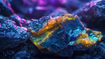 Brightly colored mineral crystals showcase blues, greens, and golds, glowing vividly amidst dark, rough rocks. The interplay of light highlights their unique textures and patterns. photo