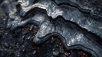 Intricate layers of metallic rock showcase their unique structure and texture, highlighted by glowing elements amidst a dark, rocky background in a natural setting. photo