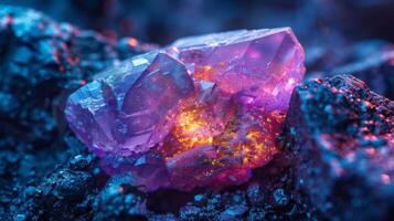 The vibrant crystal cluster displays shades of purple and orange, emerging from a rough, dark rock surface, creating a captivating contrast in natural light. photo